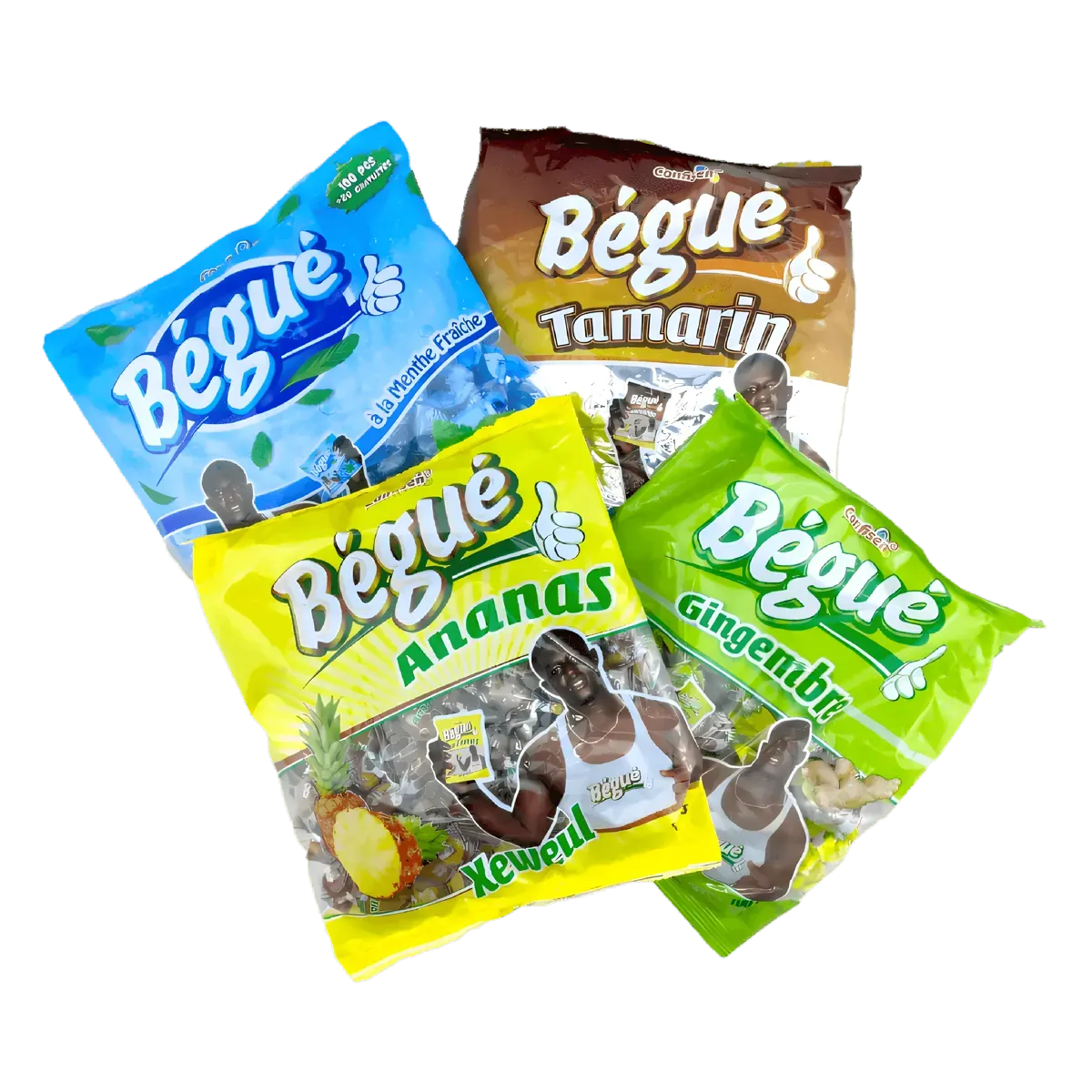 Assortiment de bonbons BÉGUÉ - Gingembre, Ananas, Menthe et Tamarin, en sachets colorés pour les amateurs de saveurs originales sucrées.